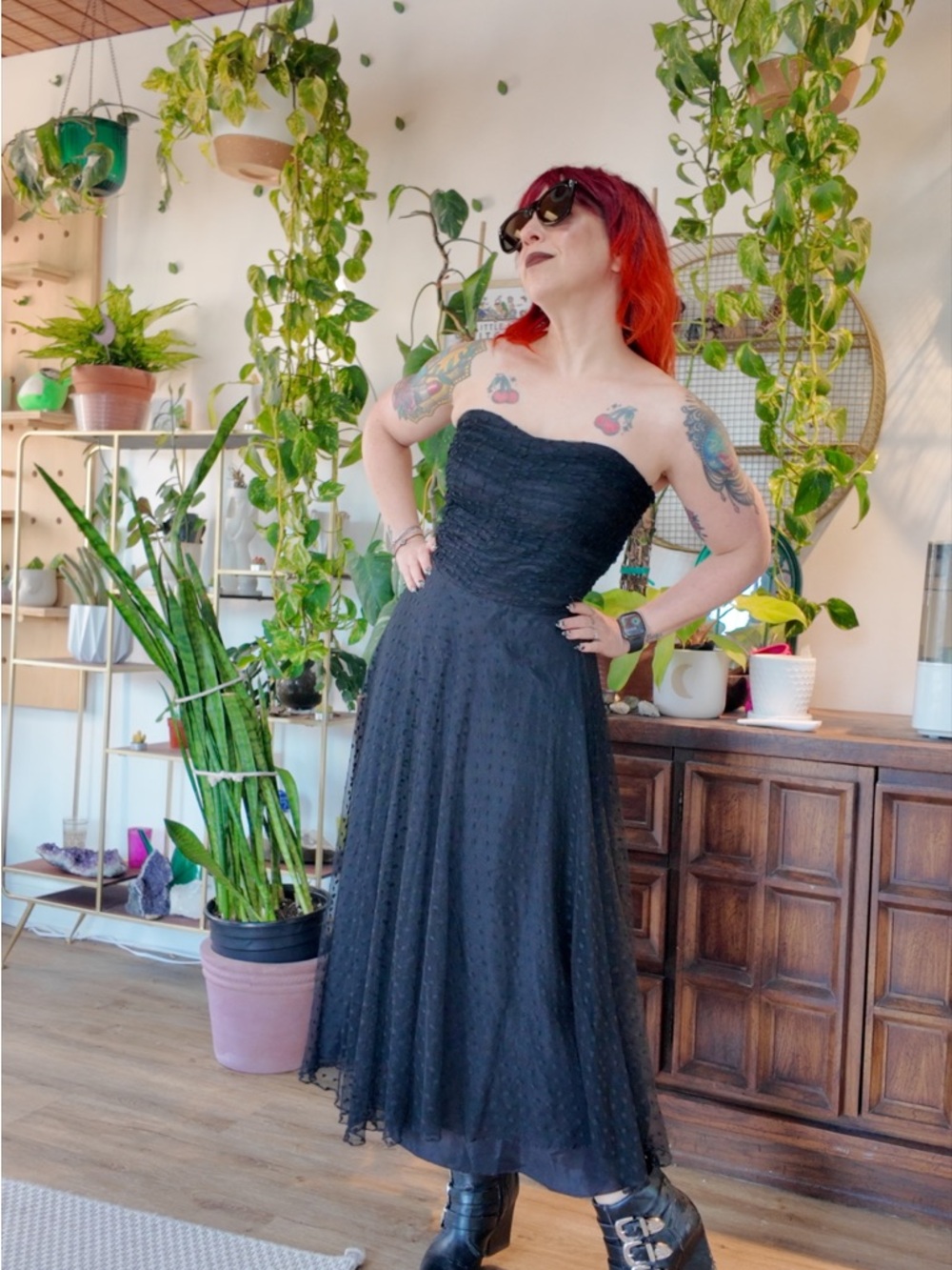 Vintage 80s Strapless Black Midi Polka Dot Mesh Dress